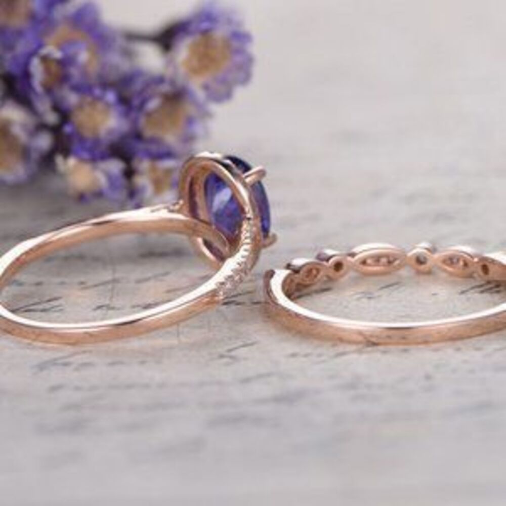 *NEW 18K Rose Gold Amethyst Diamond Halo Ring Set